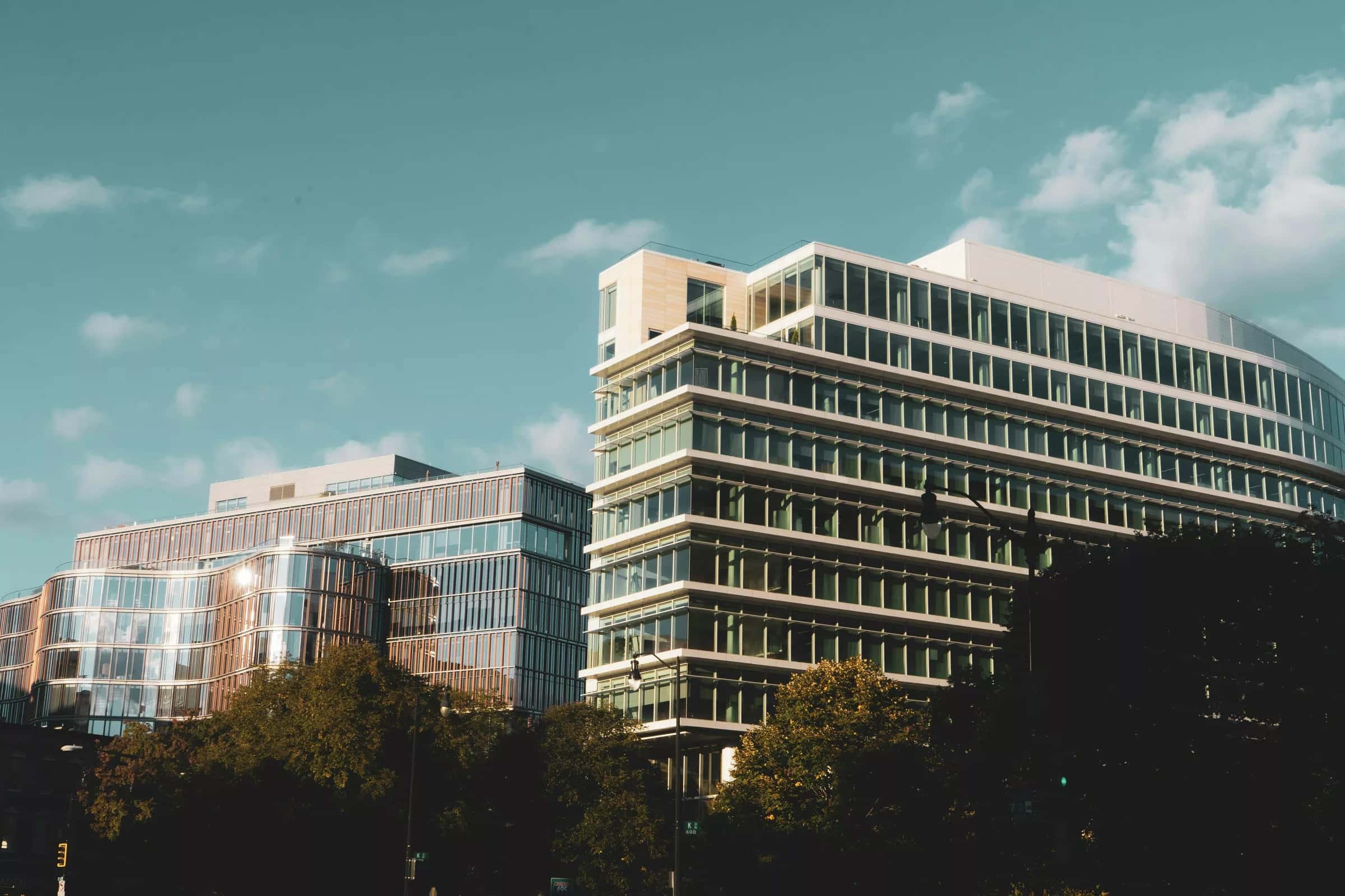 Ağaçların arasında yükselen çok katlı modern bir kamu binası
