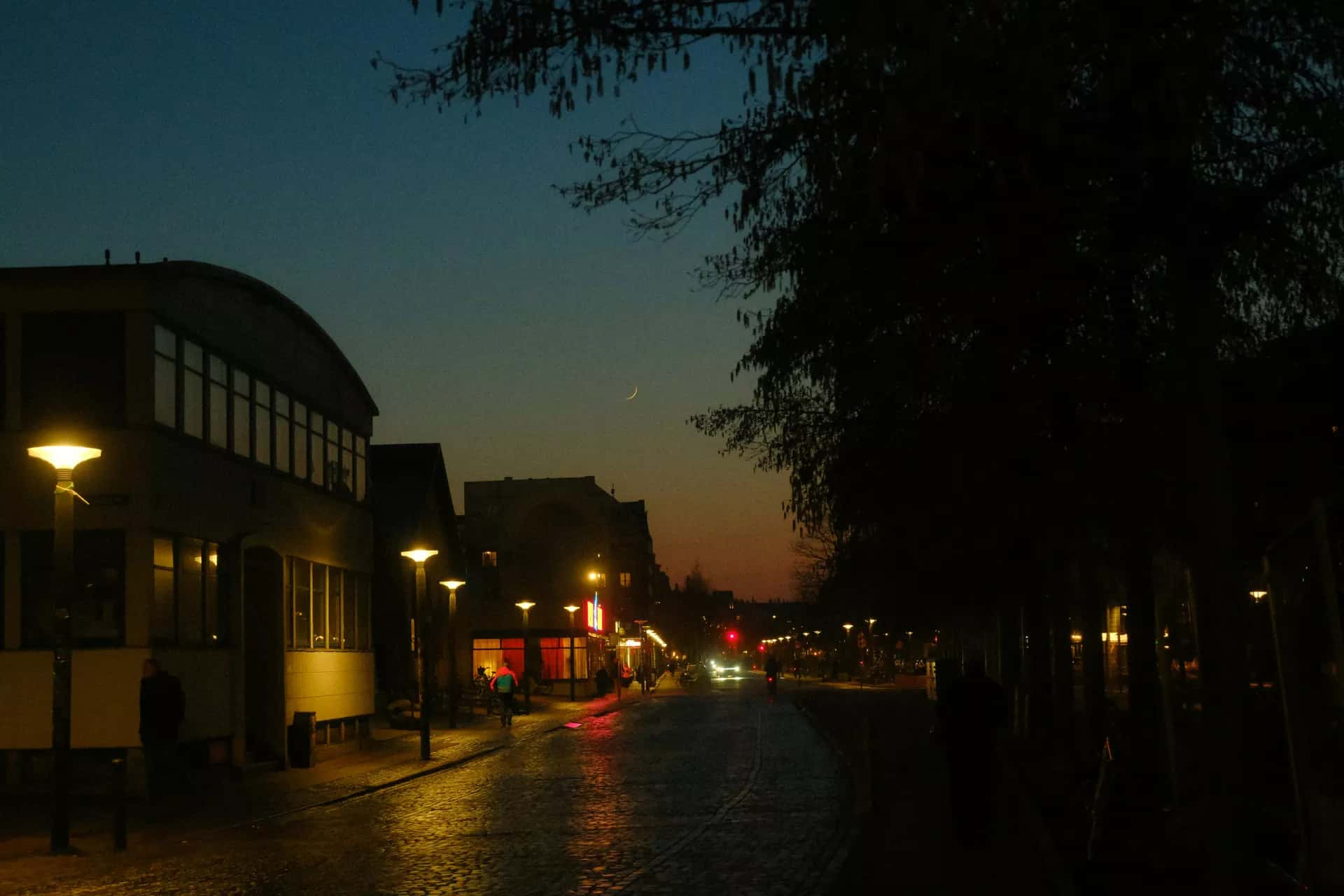 Gece ıslak bir arnavut kaldırımı ve sokak lambası